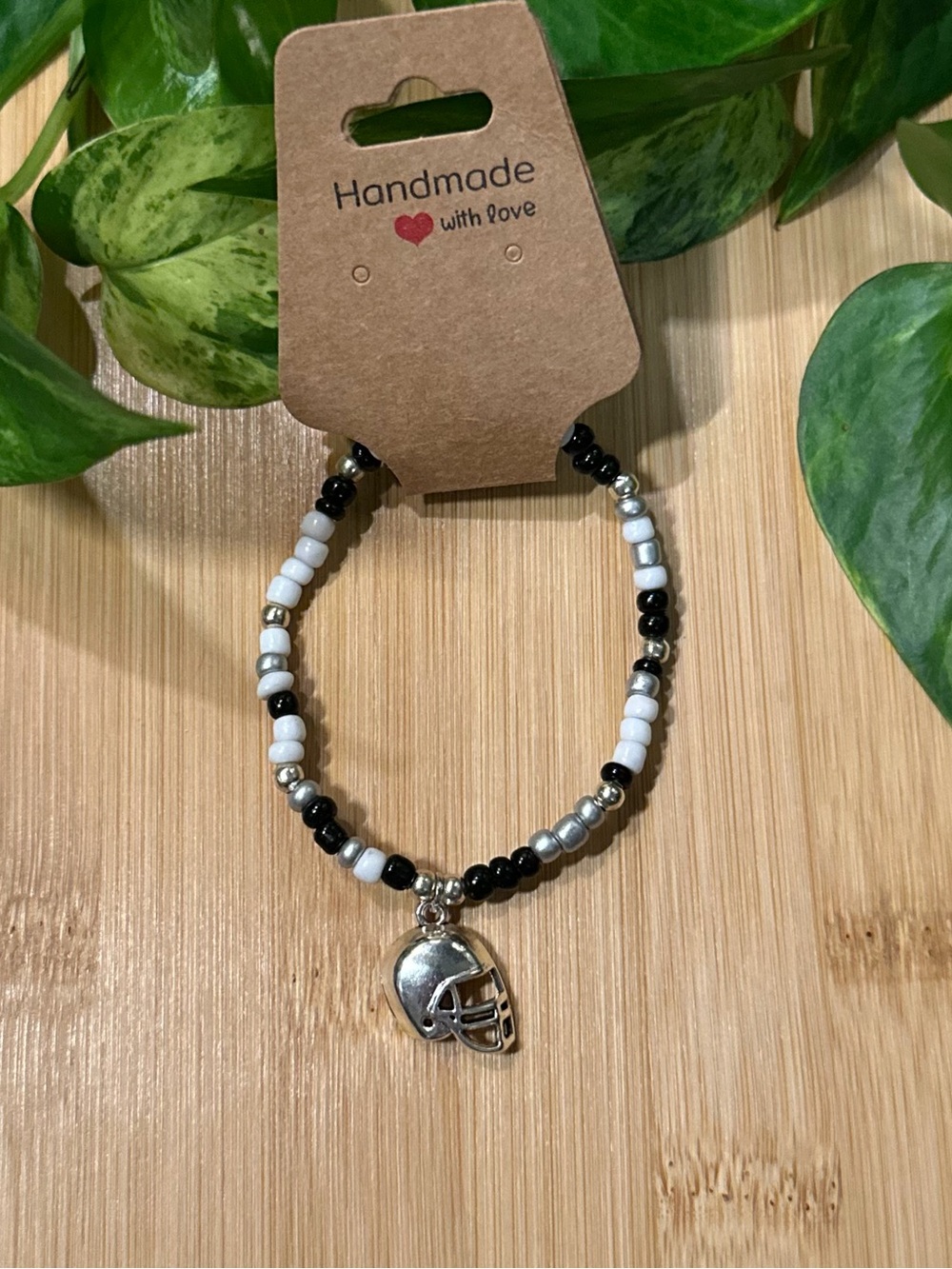 🏈✨ Football Stretchy Beaded Bracelet | Handmade | Silver Football Dangle Charm